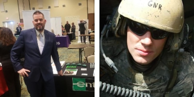 Adam in US Army uniform and at an Enterprise job fair